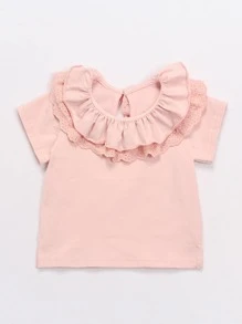Camiseta de manga corta para niñas jóvenes Camiseta de verano con cuello redondo para niños Bordado con ojales Cuello de hoja de loto Camiseta de estilo extranjero - Rosa Pálido - Ver 1