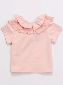 Camiseta de manga corta para niñas jóvenes Camiseta de verano con cuello redondo para niños Bordado con ojales Cuello de hoja de loto Camiseta de estilo extranjero - Rosa Pálido - Ver 2