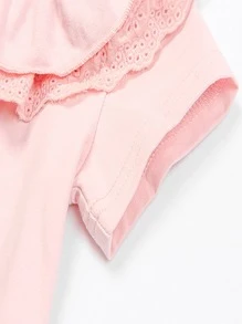 Camiseta de manga corta para niñas jóvenes Camiseta de verano con cuello redondo para niños Bordado con ojales Cuello de hoja de loto Camiseta de estilo extranjero - Rosa Pálido - Ver 4