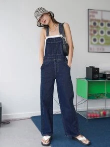 DAZY Pocket Patched Wide Leg Denim Dungarees - Dark Wash - View 1