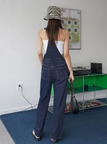 DAZY Pocket Patched Wide Leg Denim Dungarees - Dark Wash - View 2