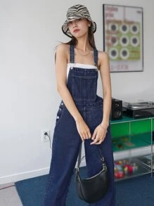 DAZY Pocket Patched Wide Leg Denim Dungarees - Dark Wash - View 3