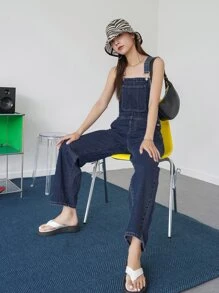 DAZY Pocket Patched Wide Leg Denim Dungarees - Dark Wash - View 4
