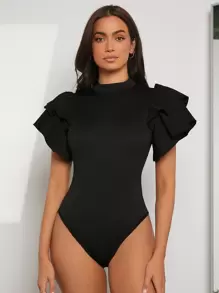 Modelyn Mock Neck Exaggerated Ruffle Trim Bodysuit - Black - View 5