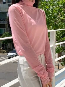 DAZY High Neck Mesh Top Without Cami Top - Dusty Pink - View 9