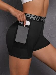 Powerista 字母带腰部运动短裤，配有手机口袋，弹力短裤，女士运动短裤、健身短裤、骑行短裤