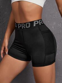 Powerista 字母带腰部运动短裤，配有手机口袋，弹力短裤，女士运动短裤、健身短裤、骑行短裤