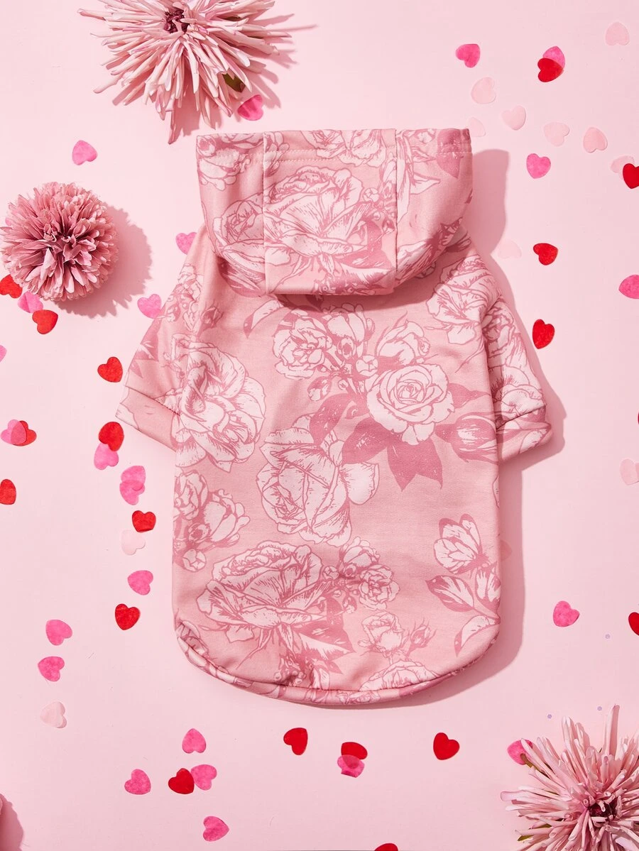 Valentine's Day Rose Print Pet Hoodie - Pink - View 1