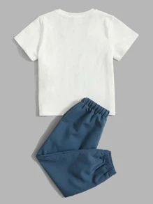SHEIN 2件套男童夏季休闲狮子印花T恤和裤子套装 - 藍白色 - 查看 6