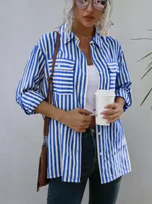 SHEIN LUNE Camisa de rayas con bolsillo con solapa de hombros caídos - Azul y blanco - Ver 4