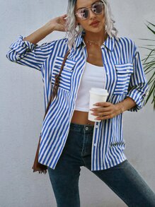 SHEIN LUNE Camisa de rayas con bolsillo con solapa de hombros caídos - Azul y blanco - Ver 5