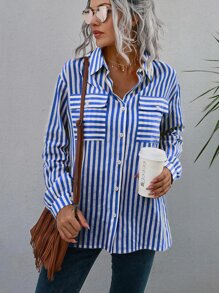 SHEIN LUNE Camisa de rayas con bolsillo con solapa de hombros caídos - Azul y blanco - Ver 6