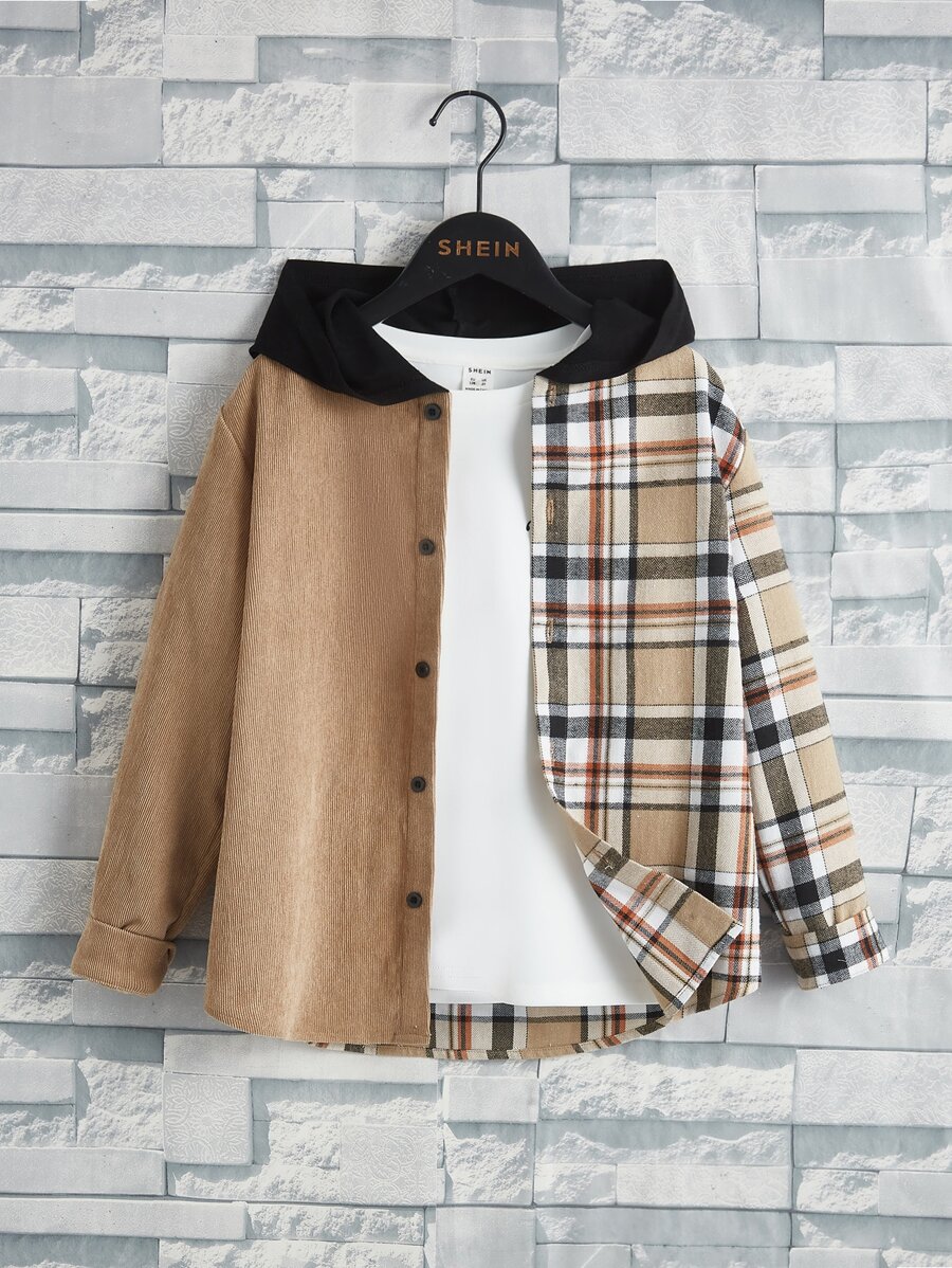 SHEIN 男孩拼接格紋印花連帽襯衫
