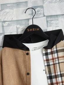 SHEIN 男孩拼接格紋印花連帽襯衫
