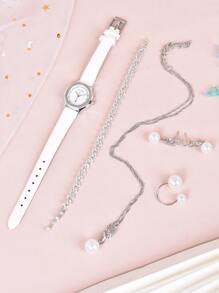1入組多邊形指針石英表和5入組首飾套裝 - 白色 - 查看 5