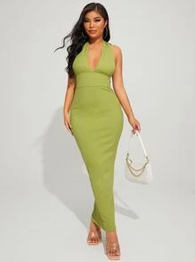 SHEIN SXY Đầm Lộ Lưng Buộc lại Gân đan màu trơn Gợi cảm - Màu xanh chanh - Xem 1