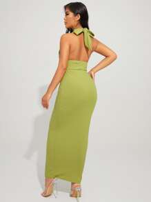 SHEIN SXY Đầm Lộ Lưng Buộc lại Gân đan màu trơn Gợi cảm - Màu xanh chanh - Xem 2