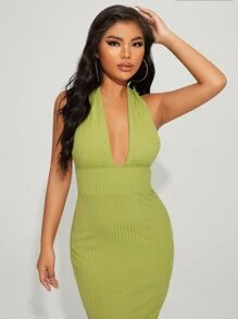 SHEIN SXY Đầm Lộ Lưng Buộc lại Gân đan màu trơn Gợi cảm - Màu xanh chanh - Xem 3