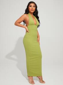 SHEIN SXY Đầm Lộ Lưng Buộc lại Gân đan màu trơn Gợi cảm - Màu xanh chanh - Xem 4