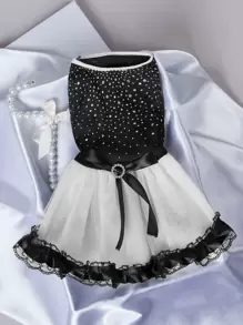 1pc Cute Black & White Diamond-Studded Pet Dress Suitable For Weddings, Photography, Outings, Etc. - Black - View 4