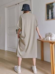 DAZY Letter Graphic Drop Shoulder Split Hem Tee Dress Summer Sundress,Casual Women Dresses - Khaki - View 2