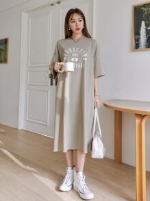 DAZY Letter Graphic Drop Shoulder Split Hem Tee Dress Summer Sundress,Casual Women Dresses - Khaki - View 3