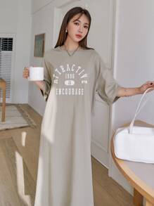 DAZY Letter Graphic Drop Shoulder Split Hem Tee Dress Summer Sundress,Casual Women Dresses - Khaki - View 4