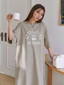 DAZY Letter Graphic Drop Shoulder Split Hem Tee Dress Summer Sundress,Casual Women Dresses - Khaki - View 5