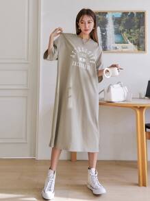 DAZY Letter Graphic Drop Shoulder Split Hem Tee Dress Summer Sundress,Casual Women Dresses - Khaki - View 6