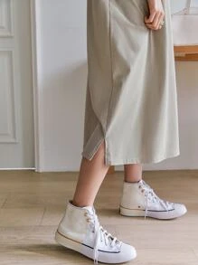 DAZY Letter Graphic Drop Shoulder Split Hem Tee Dress Summer Sundress,Casual Women Dresses - Khaki - View 7