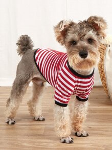 條紋圖案寵物T恤 - 紅白色 - 查看 1