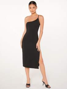 SHEIN BAE One Shoulder Split Thigh Dress - Black - View 3