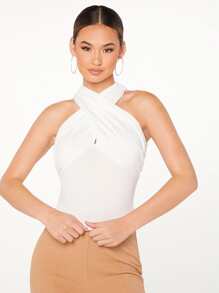 SHEIN BAE Solid Crisscross Halter Top - White - View 1