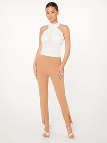 SHEIN BAE Solid Crisscross Halter Top - White - View 3