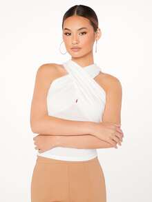 SHEIN BAE Solid Crisscross Halter Top - White - View 4