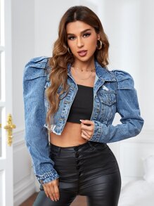 Puff Sleeve Ripped Raw Hem Crop Denim Jacket - Light Wash - View 5