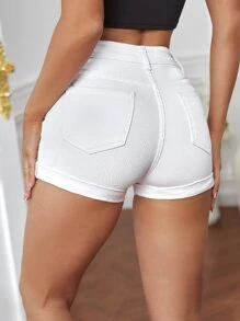 SHEIN Essnce Single Button Roll Hem Denim Shorts