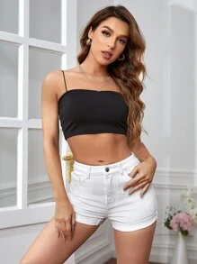 SHEIN Essnce Single Button Roll Hem Denim Shorts