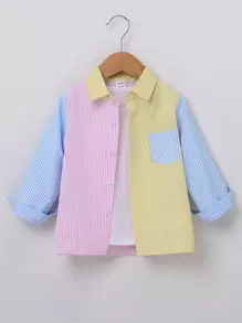 SHEIN Toddler Boys Striped Colourblock Pocket Patched Shirt - Multicolor - View 1