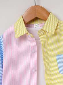 SHEIN Toddler Boys Striped Colourblock Pocket Patched Shirt - Multicolor - View 5