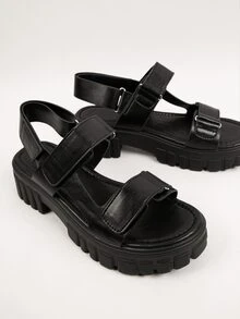 Faux Leather Round Toe Lug Flatform Sandals - Black - View 4