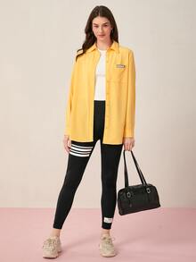 Seusyu 條紋圖案標語貼布細節寬腰帶緊身打底褲 - 黑色 - 查看 4