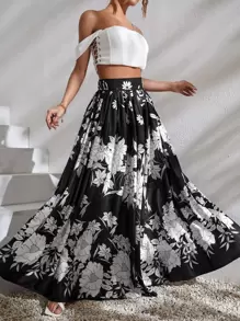 SHEIN VCAY Falda fruncido de talle alto con estampado floral