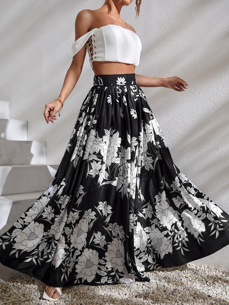 SHEIN VCAY High Waist Floral Print Pleated Skirt - Black - View 1