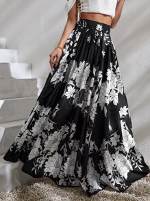 SHEIN VCAY Falda fruncido de talle alto con estampado floral