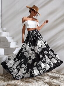 SHEIN VCAY Falda fruncido de talle alto con estampado floral