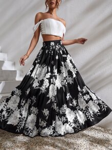 SHEIN VCAY Falda fruncido de talle alto con estampado floral