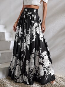 SHEIN VCAY Falda fruncido de talle alto con estampado floral