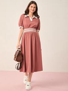Mulvari Contrast Collar A-line Dress - Dusty Pink - View 1