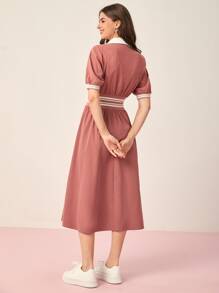 Mulvari Contrast Collar A-line Dress - Dusty Pink - View 2